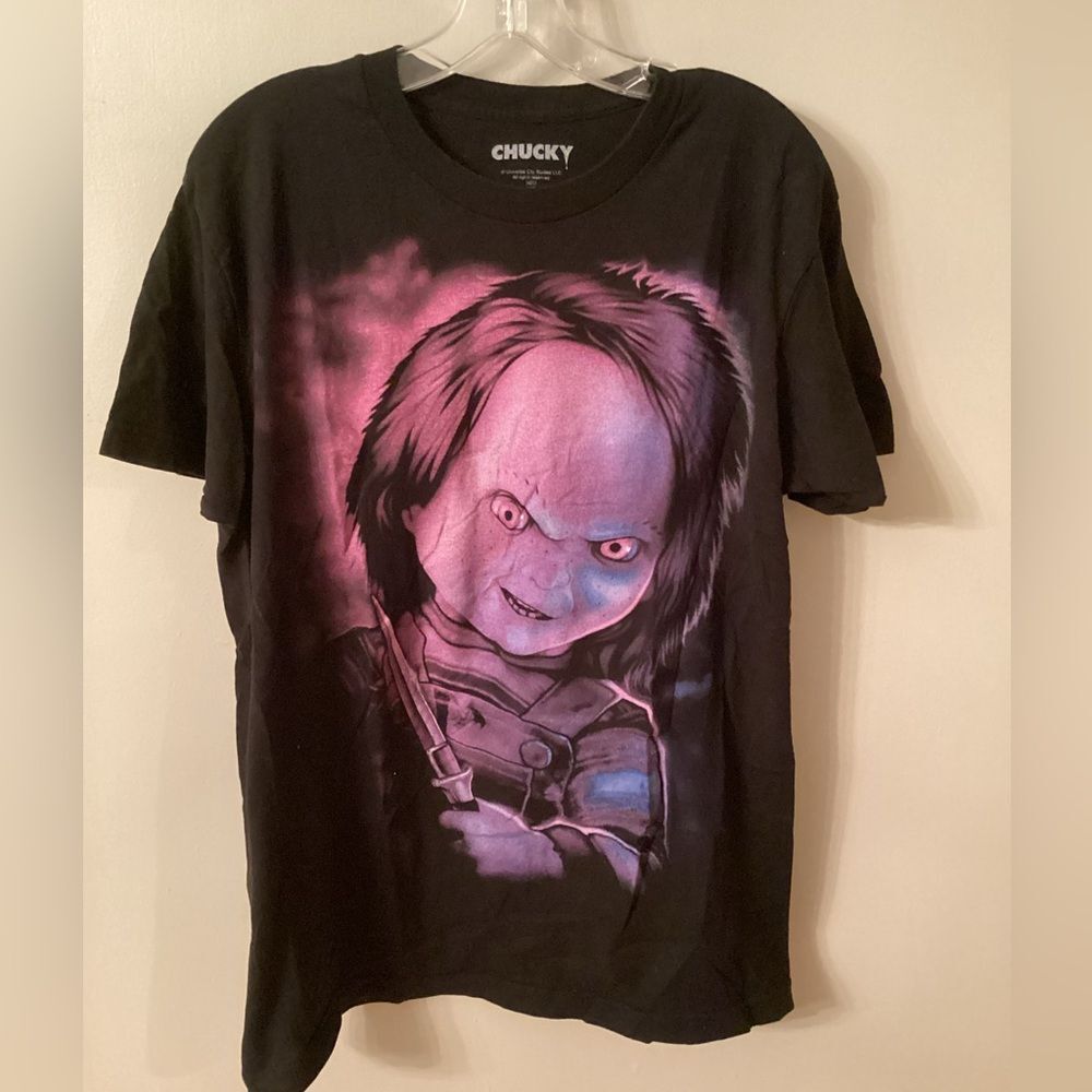 CHUCKY CHILD'S PLAY BLACK PURPLE LARGE FACE T SHIRT HORROR SSHORT SLEEVE SZ L